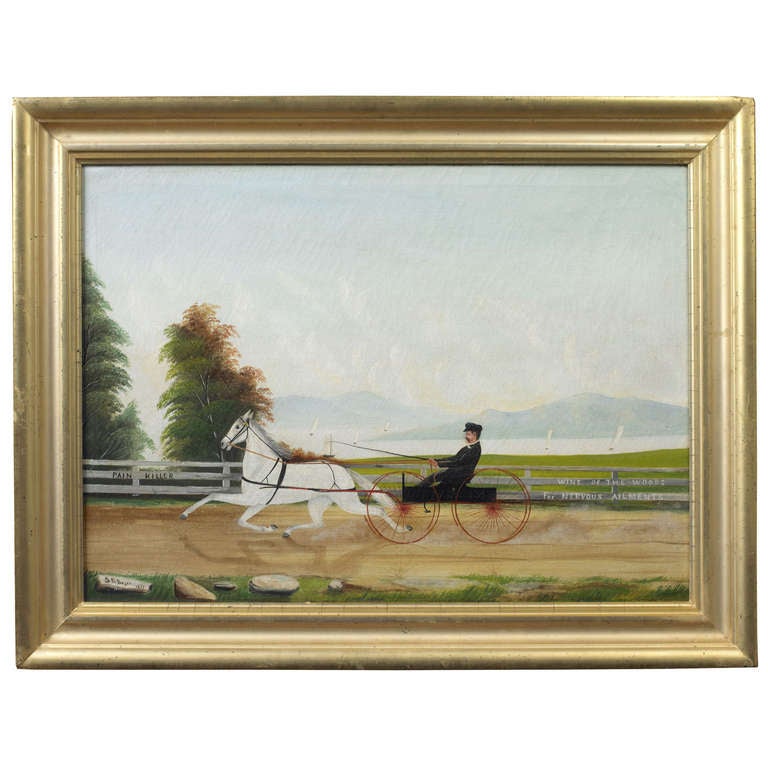 American School
Horse and Sulky with Rider
Signed (l.l.): S.R. Boyce, 1876
This wonderful composition of a Horse and Sulky with Rider on a track with a lake view in the background is painted by a relatively unknown folk artist. The advertising