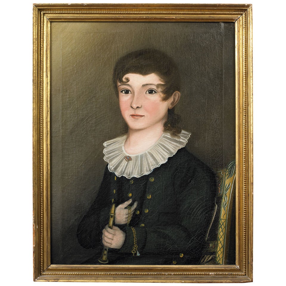 Portrait of a Young Boy Holding a Flute Seated in a Paint Decorated Chair For Sale
