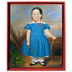 Antique Full Length Portrait of a Young Girl Wearing a Blue Dress Holding a Hoop