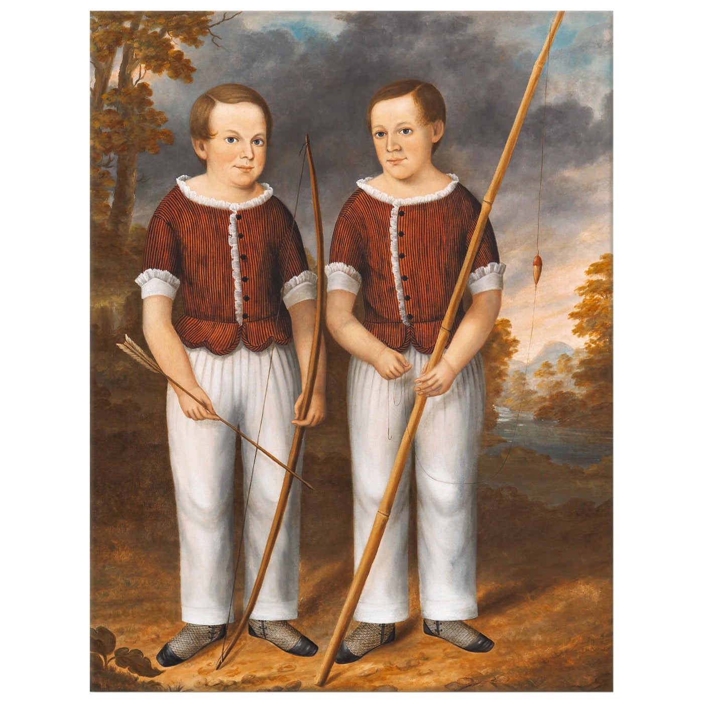 Joseph Goodhue Chandler, "Two Boys with Bow and Fishing Pole" Oil on Canvas