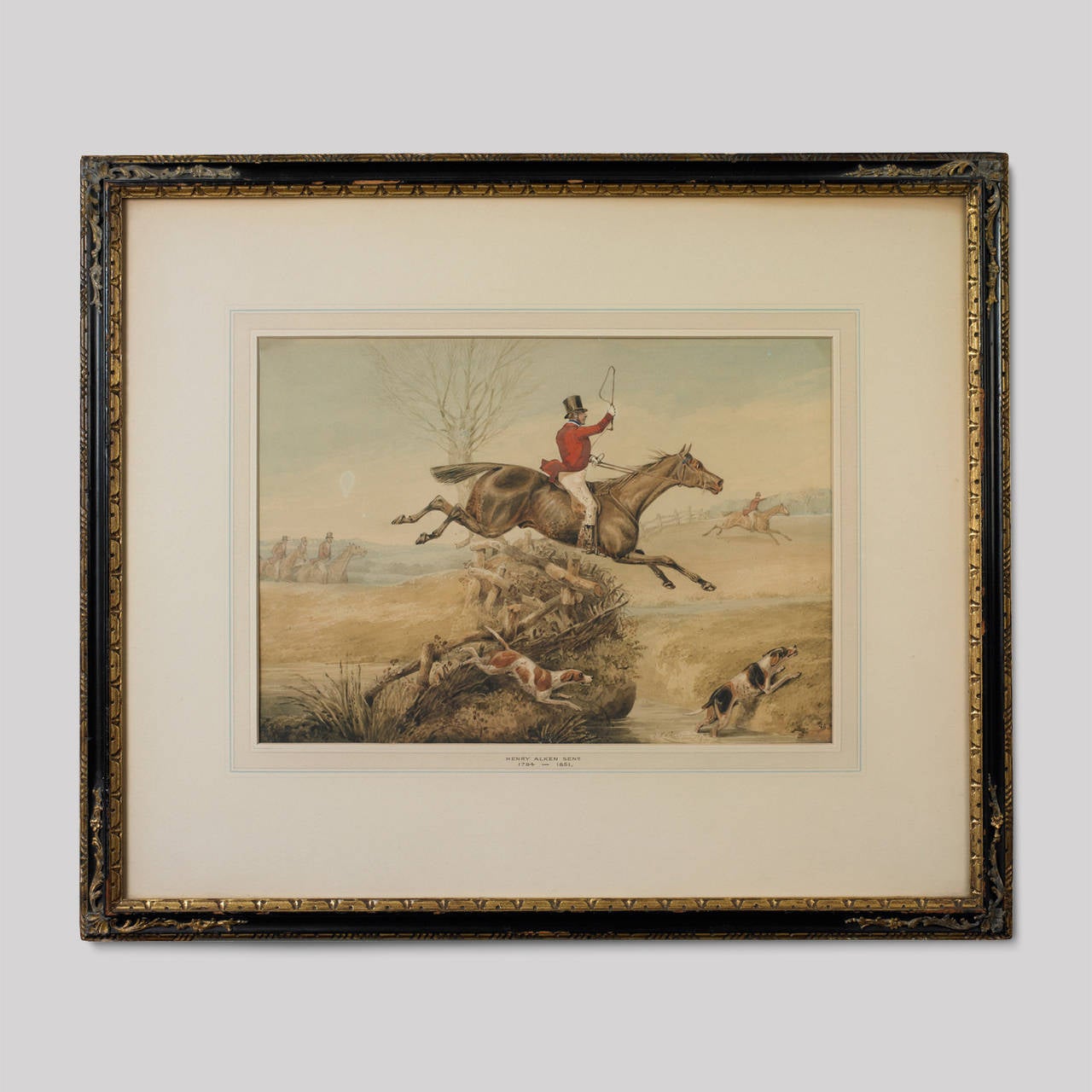 Over a Fence.
Watercolor on paper.
9 x 12 ¾ inches (sight size).
17 ½ x 20 ¾ (framed).

Over the Fence and Stream.
Watercolor on paper.
9 x 12 5/8 inches (sight size).
17 ½ x 20 5/8 inches (framed).

Retains Arthur Ackermann & Son label on