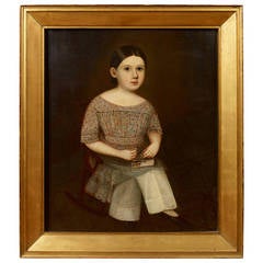 Antique Portrait of a Young Girl Seated in a Rocker Stitching a Piece of Needlework