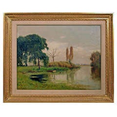 Antique Ernest Parton, A River Landscape Painting, Oil on Canvas