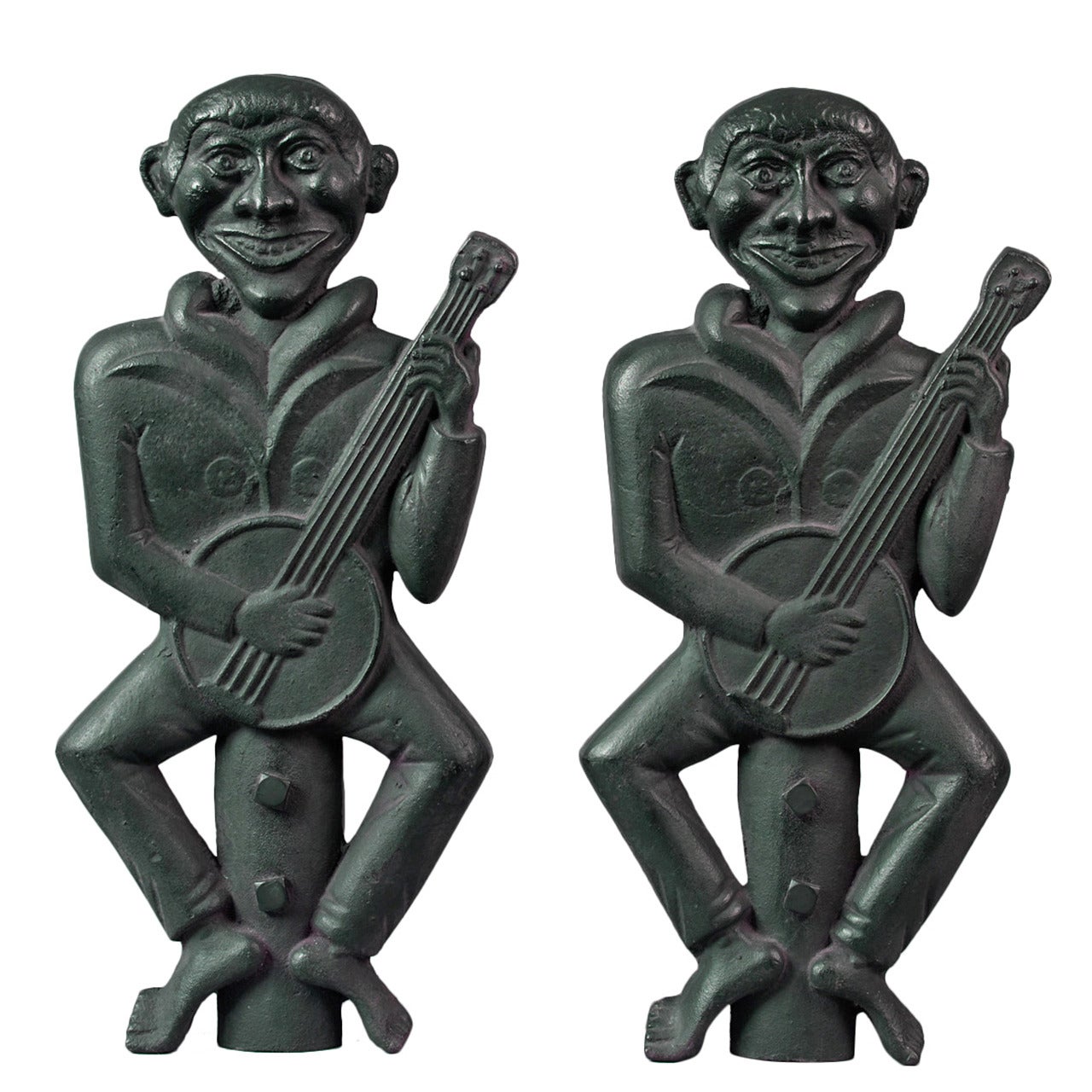 Rare Pair of Banjo Player Andirons For Sale