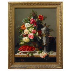 Vintage Still Life of Flowers and a Pewter Guild Cup on a Marble Table Table