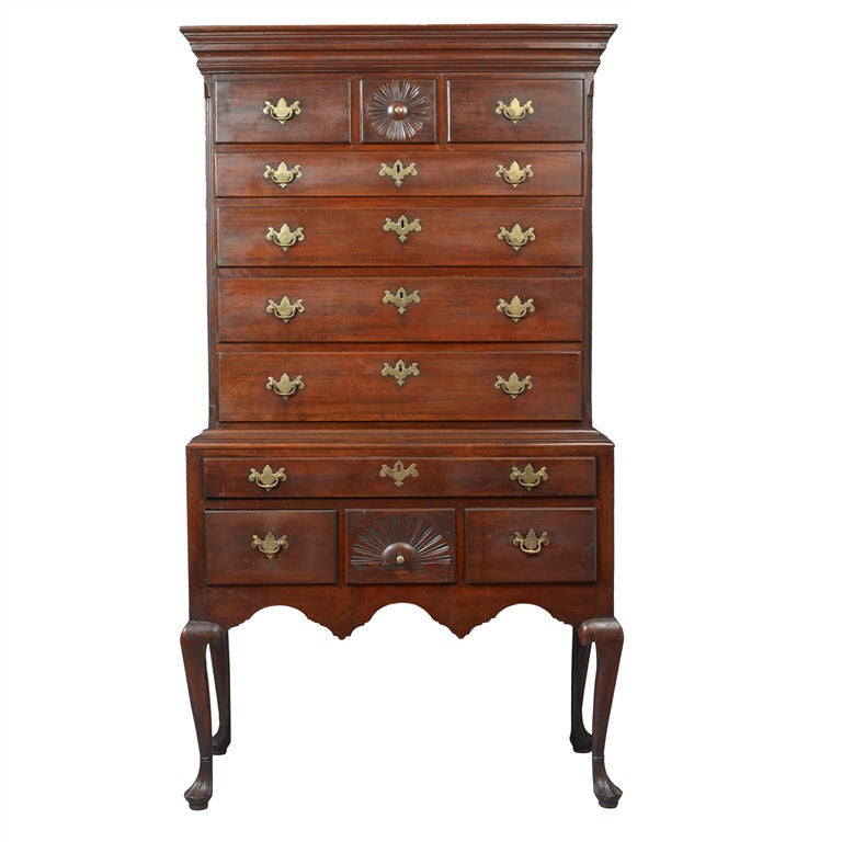 Queen Anne Carved Cherrywood Flat-Top High Chest of Drawers For Sale