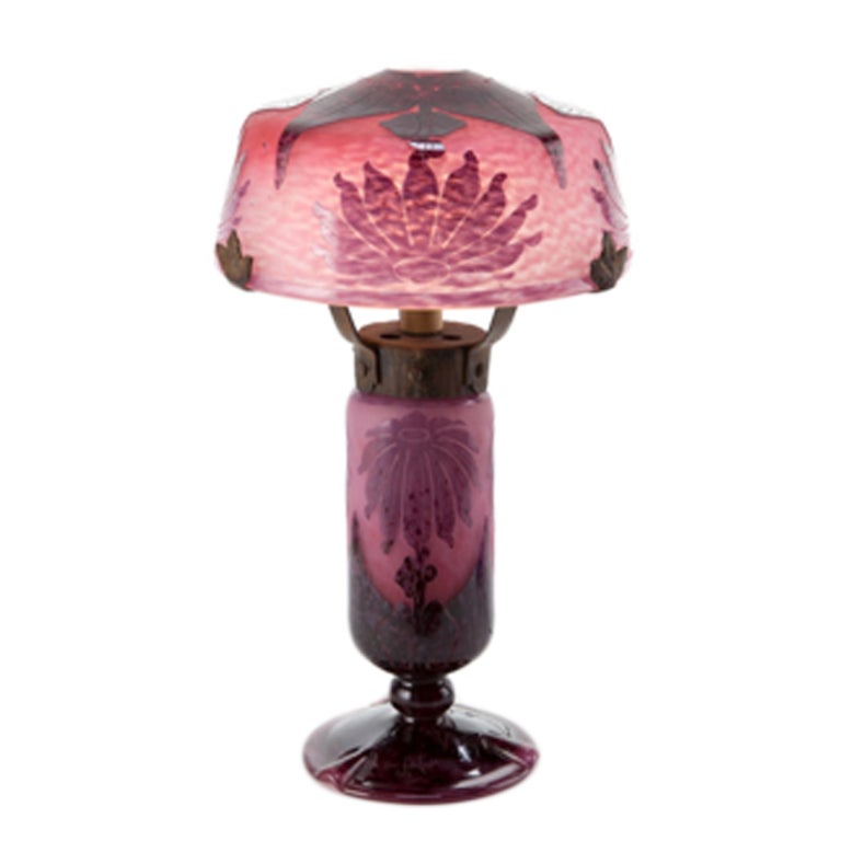 Exceptionally beautiful Le Verre Francais Dahlias Pattern Boudoir Lamp. This fine example retains all its original hardware and mountings and has been rewired for US electrical standards. Shade and base both illuminate, giving the already vibrant