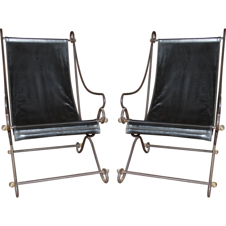 Pair of David Hicks (English, 1929-1998) Iron and Leather Campec For Sale