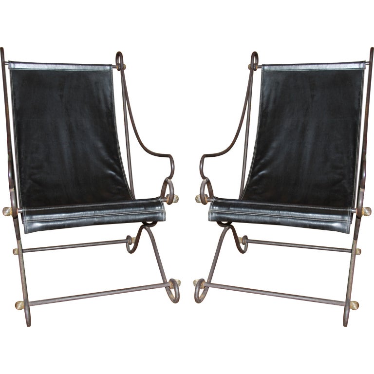 Pair of David Hicks (English, 1929-1998) Iron and Leather Campec For Sale