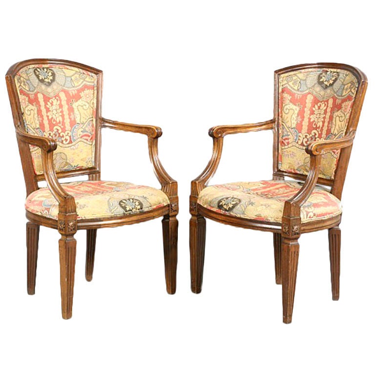 Pair of Walnut Neoclassical Open Arm Chairs