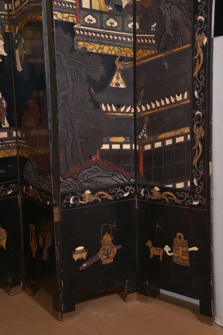 Carved Chinese Black Lacquered Eight-Panel Screen