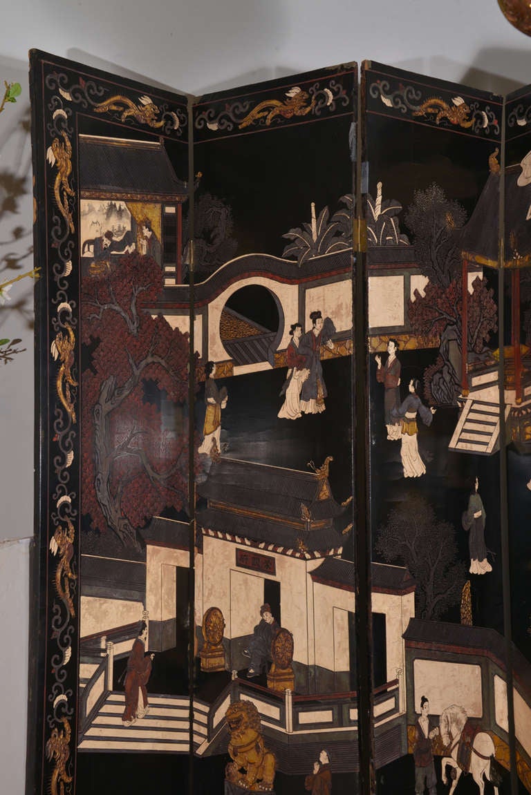 19th Century Chinese Black Lacquered Eight-Panel Screen