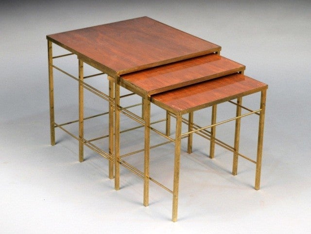 Set of three Brass Nesting Tables with Mahogany inset tops