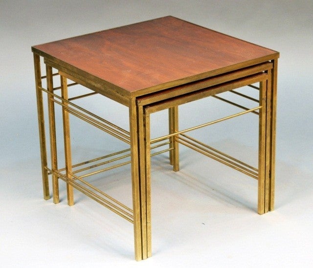 20th Century Brass Nesting Tables with Mahogany Inset Tops For Sale