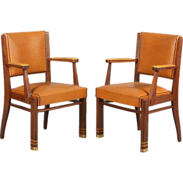 Pair of French Art Deco Leather Arm Chairs