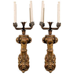 Pair of Italian 19th Century Richly Carved Baroque Style Gilded Wood Sconces
