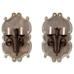 French Iron Sconces on Wood Plaques