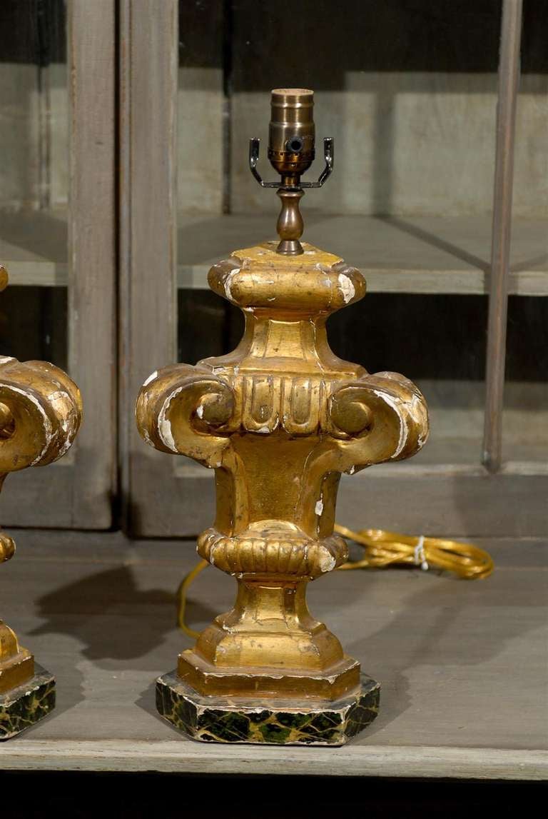 Pair of 19th Century European Antique Gilded Wood Table Lamps In Good Condition In Atlanta, GA