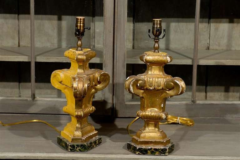 Pair of 19th Century European Antique Gilded Wood Table Lamps 1