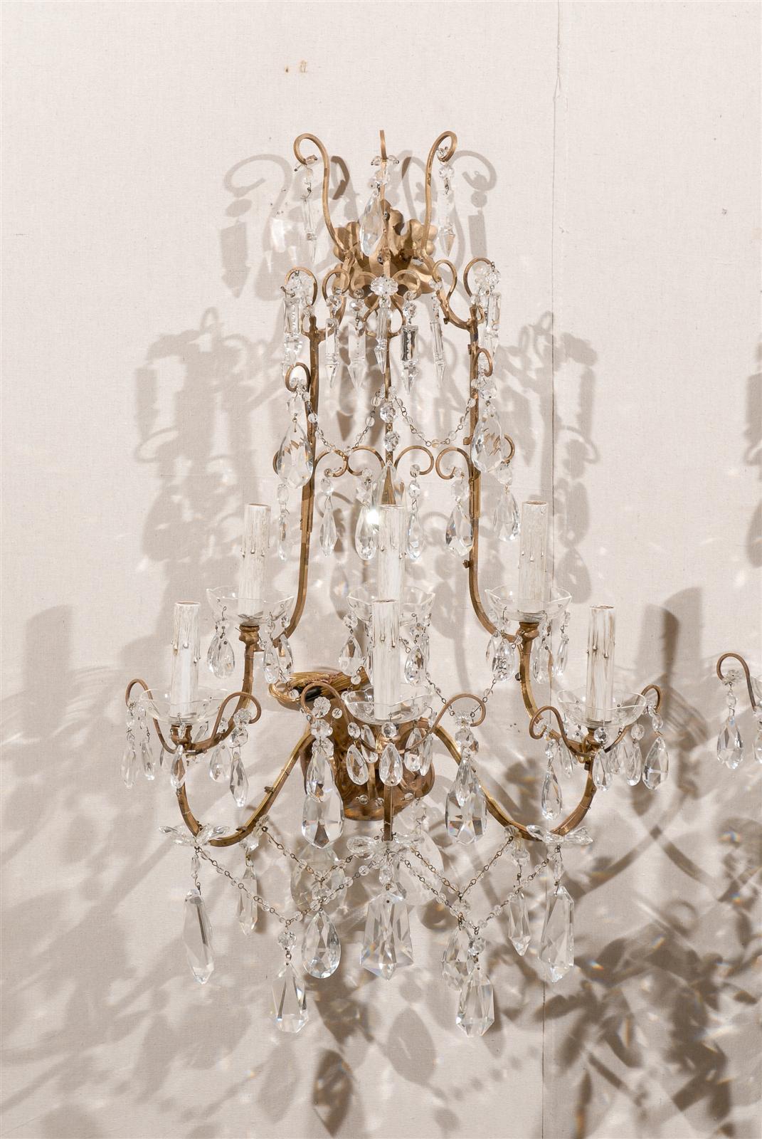 A Pair of Italian Crystal Six-Light Sconces with Beautiful Draping Ornamentation In Good Condition In Atlanta, GA