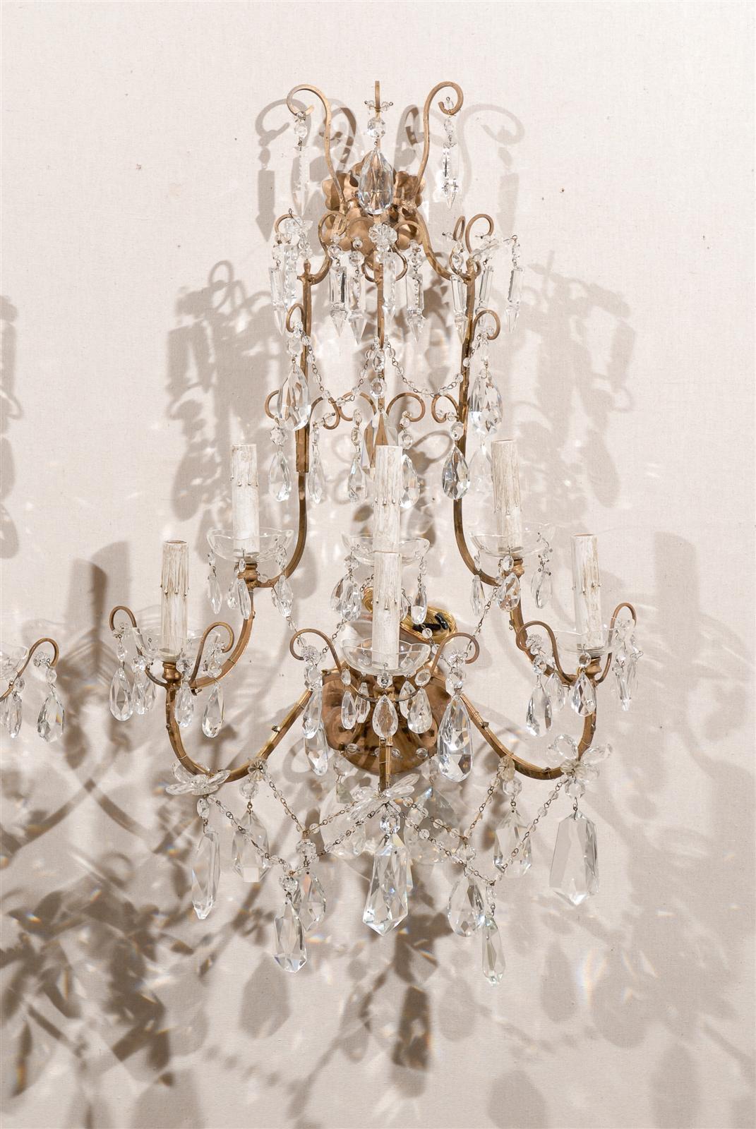 20th Century A Pair of Italian Crystal Six-Light Sconces with Beautiful Draping Ornamentation