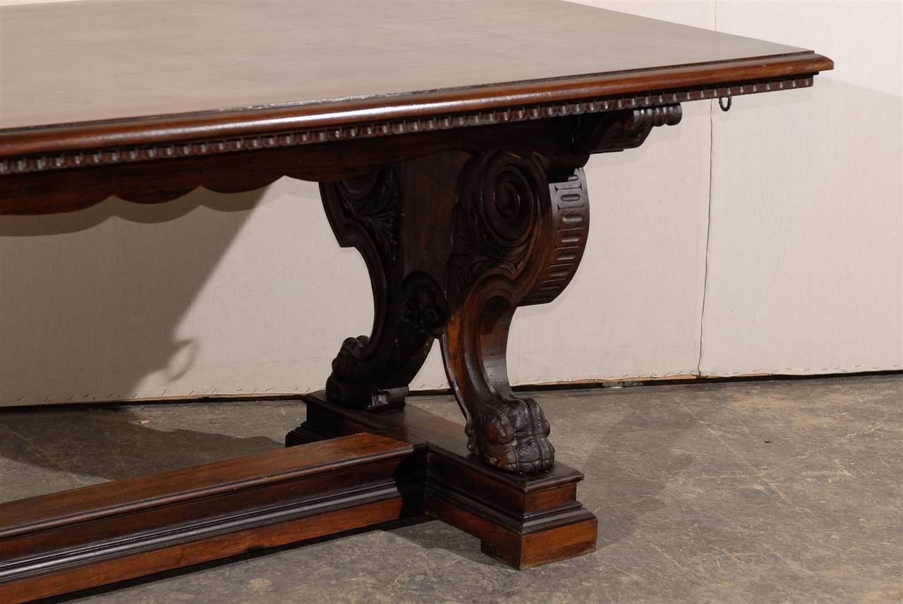 Italian Walnut Wood 19th Century Trestle Table or Desk 1