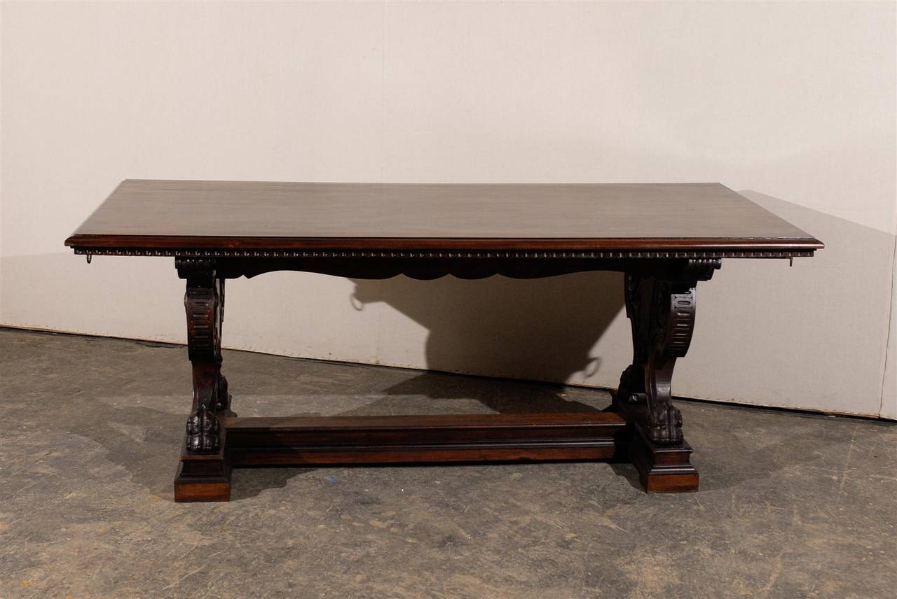 Italian Walnut Wood 19th Century Trestle Table or Desk 2