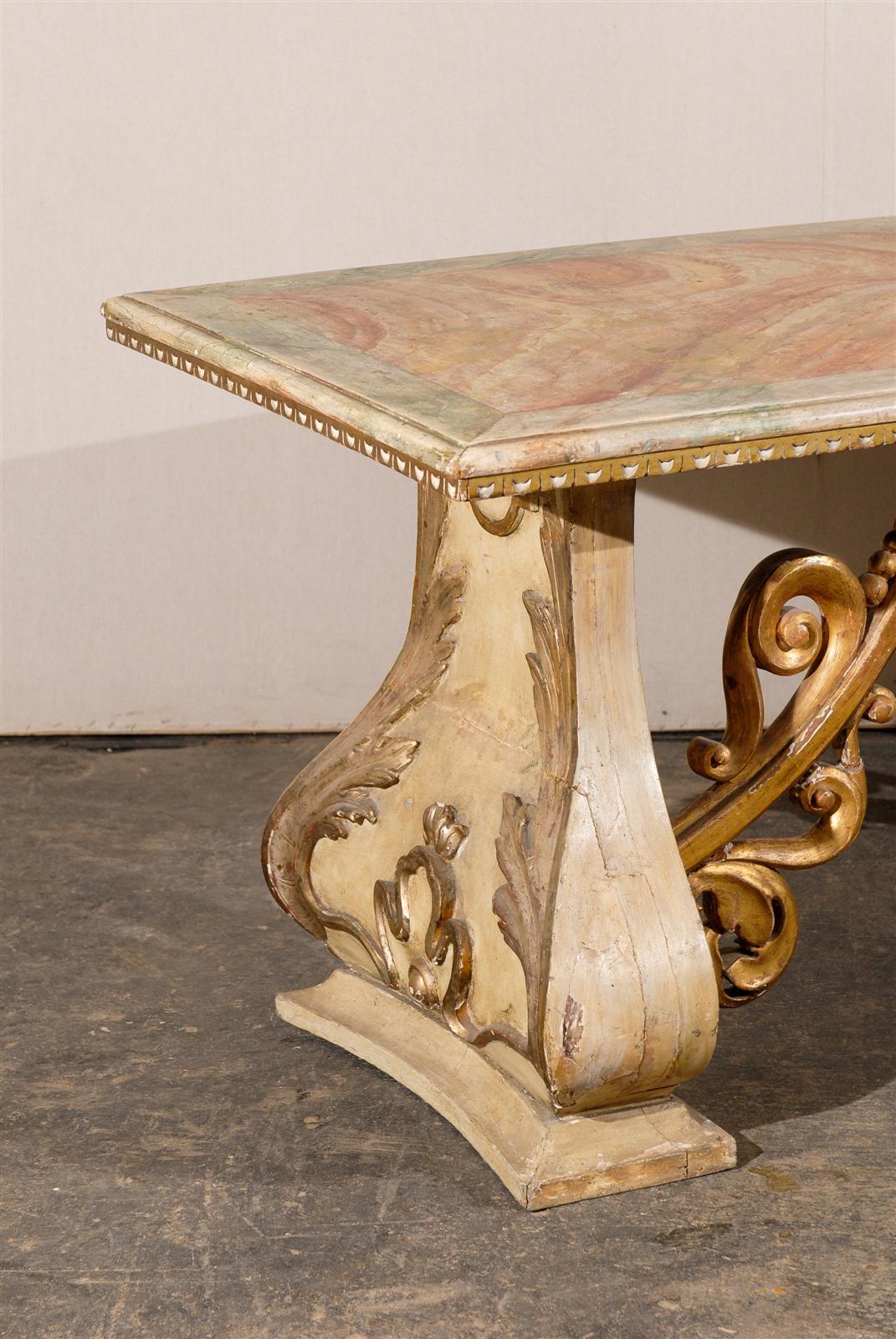 Wood 19th Century Italian Baroque Style Console Table with Faux Marble Top