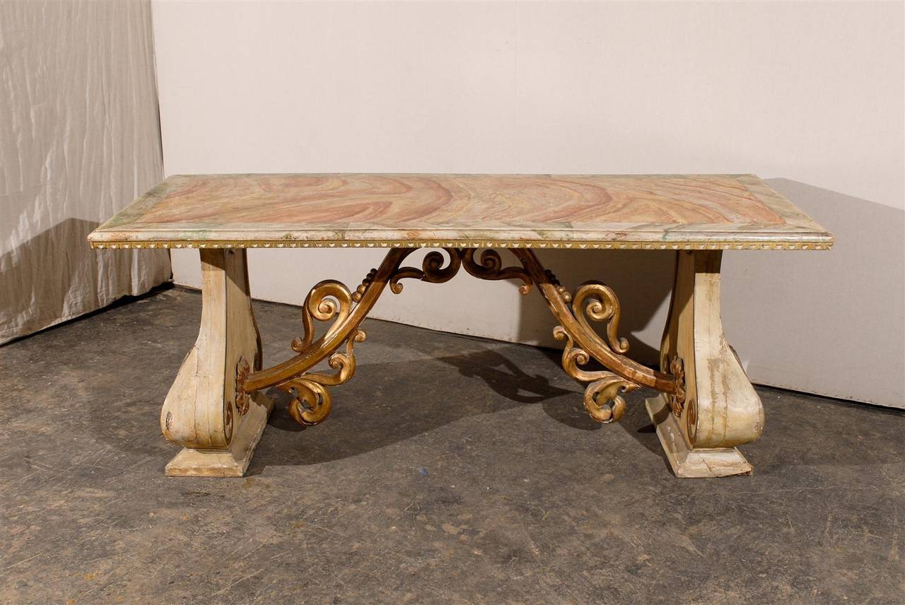 19th Century Italian Baroque Style Console Table with Faux Marble Top 2