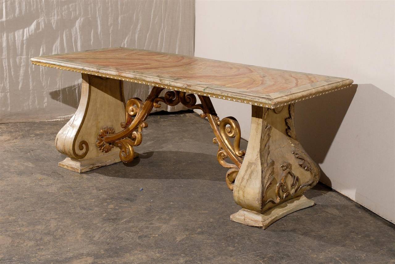 19th Century Italian Baroque Style Console Table with Faux Marble Top 3