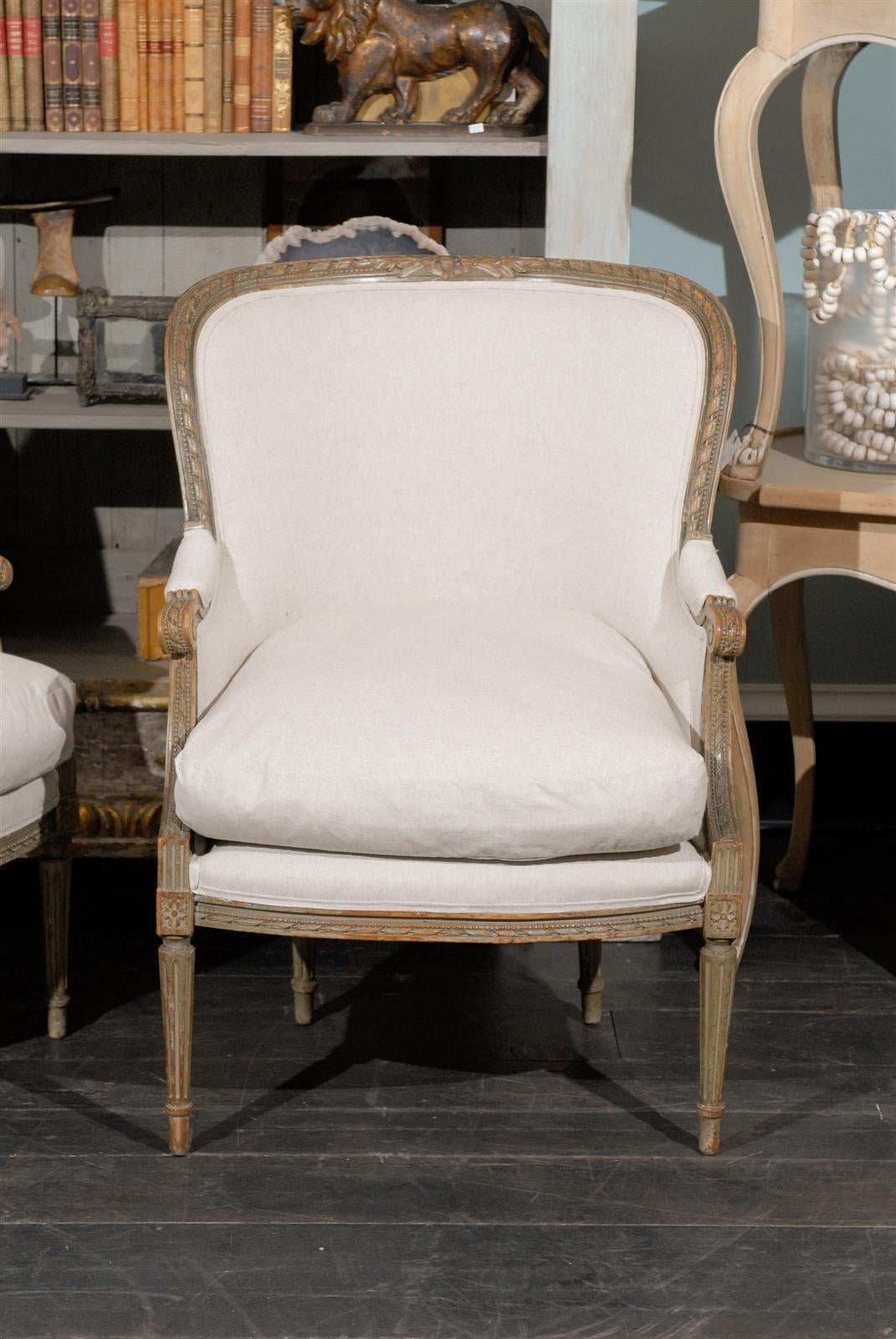 Upholstery Pair of French 19th Century Louis XVI Style Bergères Chairs