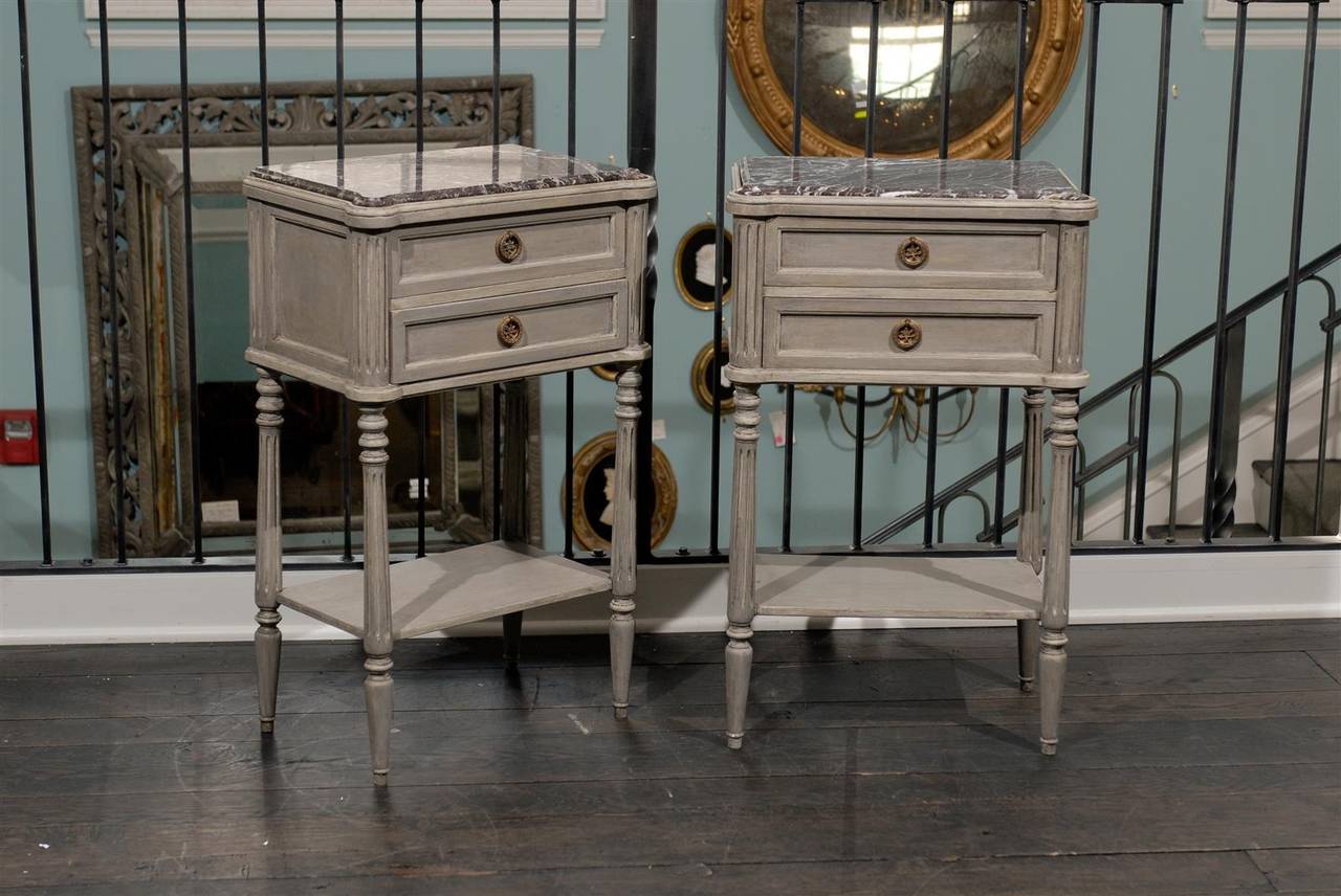 Pair of French Painted Wood Nightstand Tables with Red Marble Tops