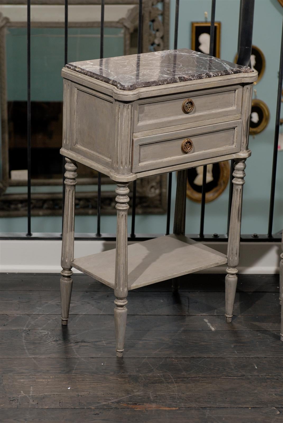 Pair of French Painted Wood Nightstand Tables with Red Marble Tops at