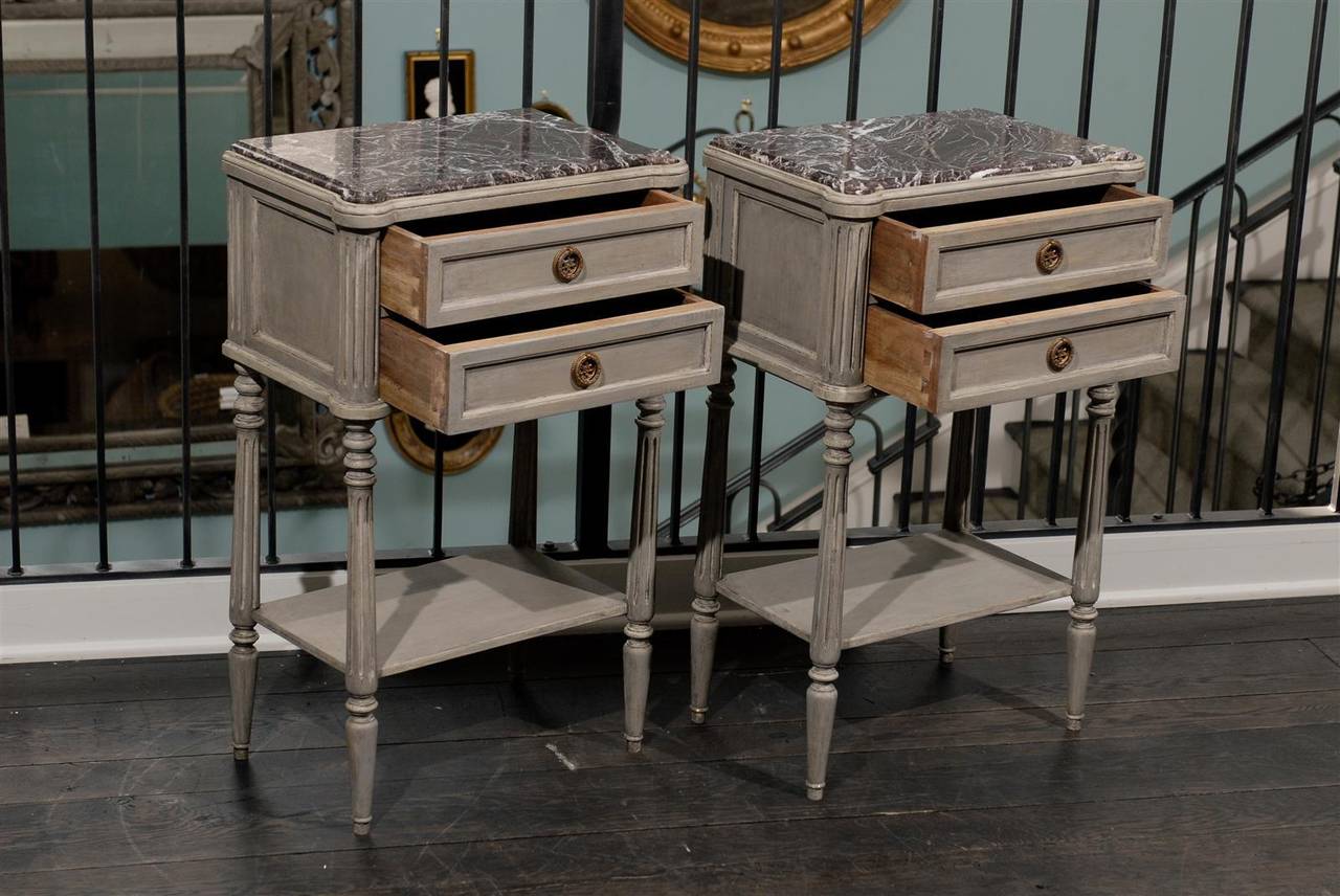 Pair of French Painted Wood Nightstand Tables with Red Marble Tops at 1stdibs