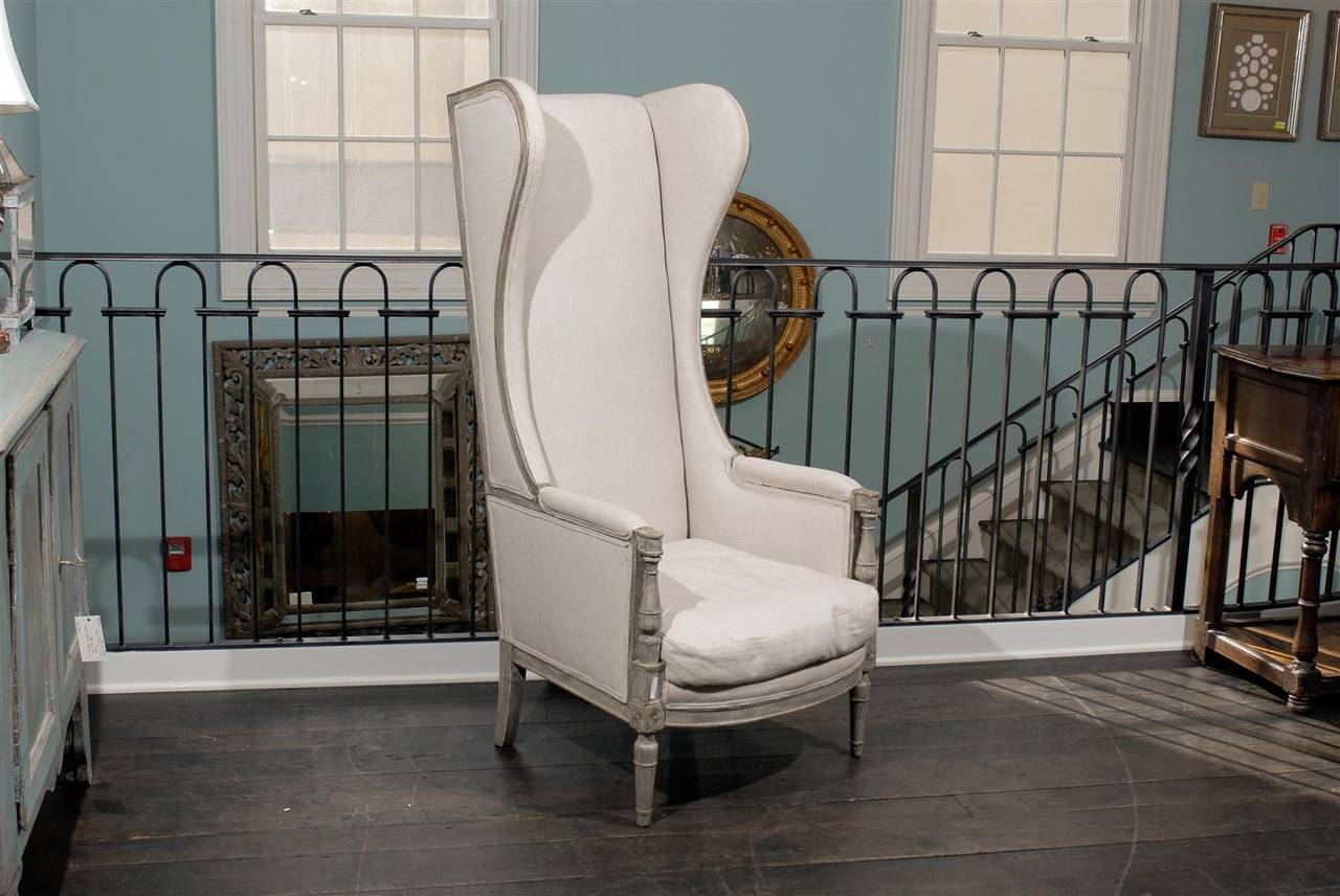 American Upholstered Painted Wood High Back Wing Chair In Good Condition In Atlanta, GA