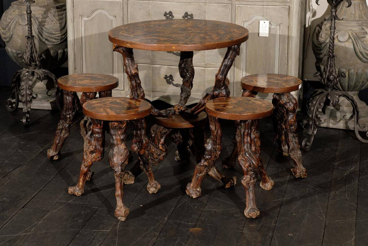 Set of European Grapevine Round Table and Four Stools at