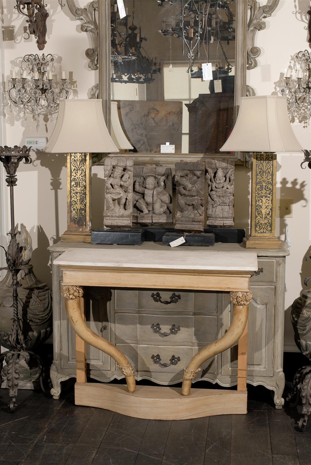European White Carrara Marble-Top Carved Wood Console Table with Cornucopia Legs