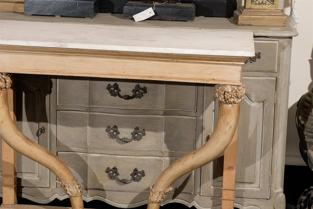 Bleached White Carrara Marble-Top Carved Wood Console Table with Cornucopia Legs