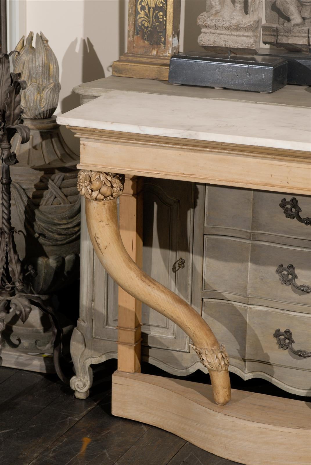 20th Century White Carrara Marble-Top Carved Wood Console Table with Cornucopia Legs