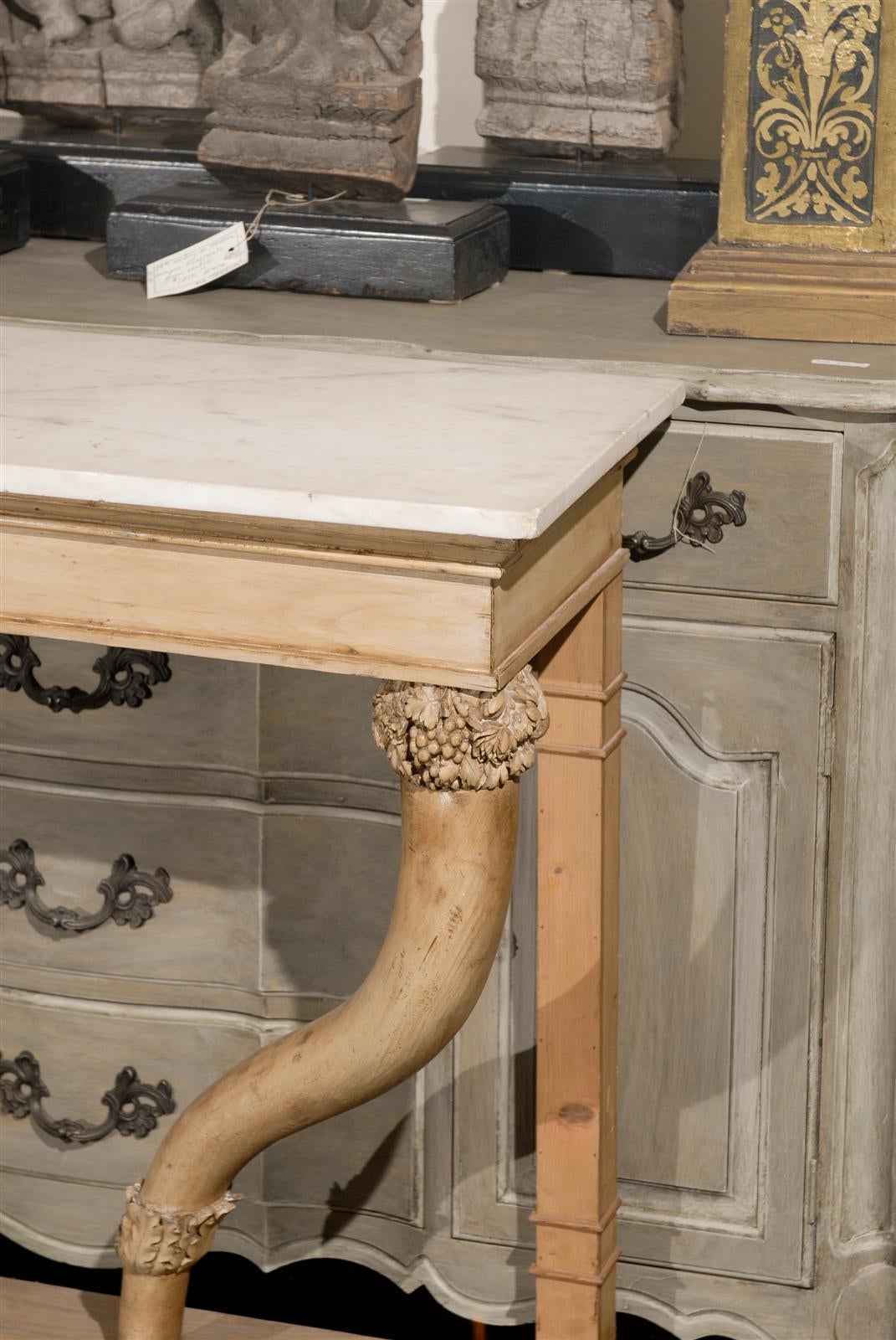 Mahogany White Carrara Marble-Top Carved Wood Console Table with Cornucopia Legs