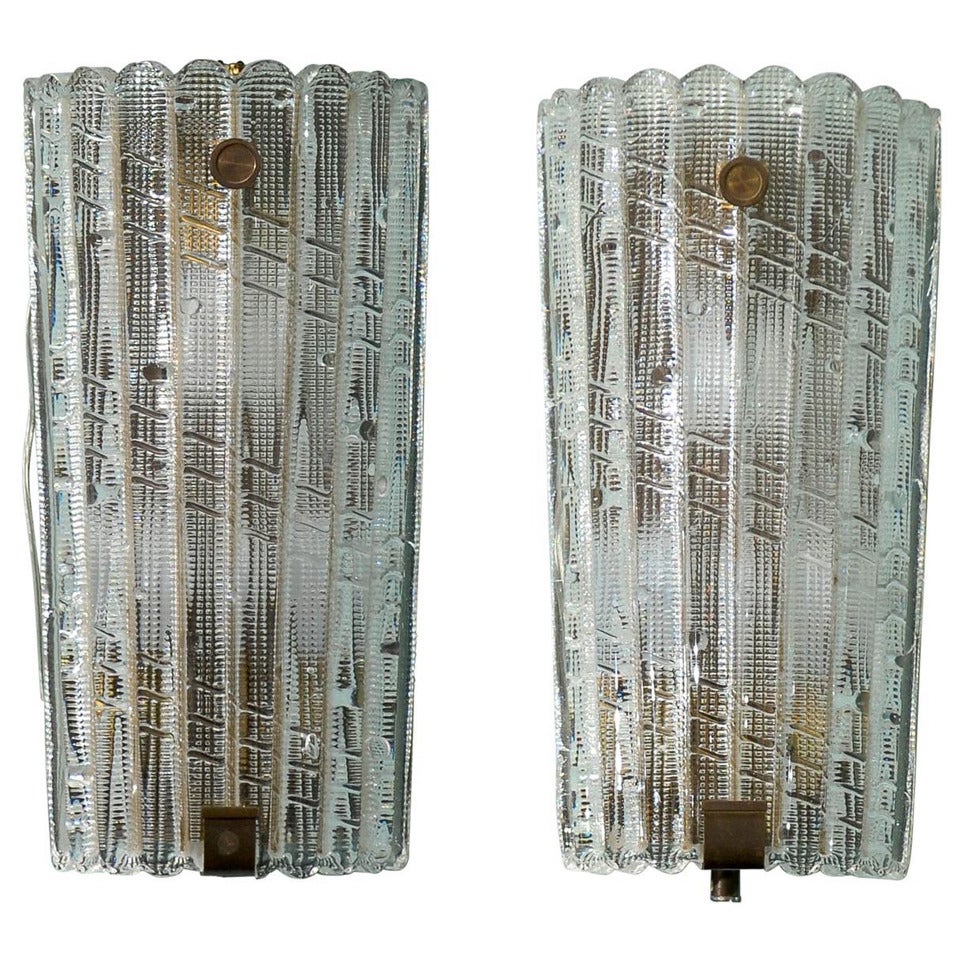 Pair of Swedish Vintage Orrefors Glass Sconces, circa 1940 For Sale