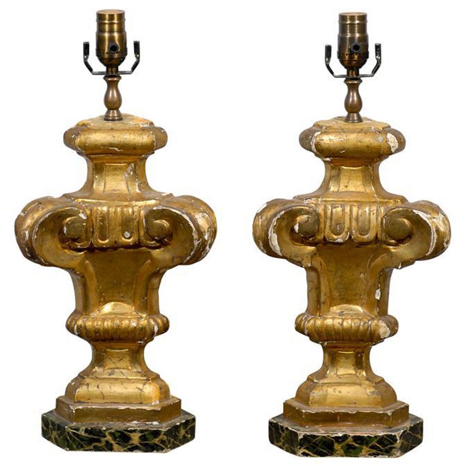 Pair of 19th Century European Antique Gilded Wood Table Lamps