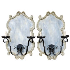 Pair of Over-sized Vintage French Sconces Mounted on Blue / Grey Wooden Plaques