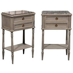 Pair of French Painted Wood Nightstand Tables with Red Marble Tops