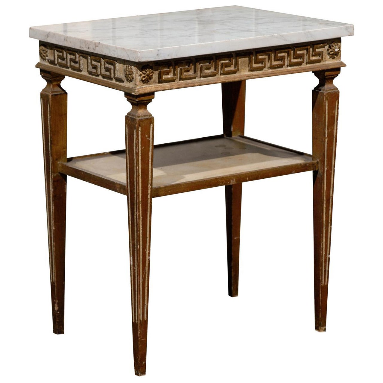Italian Neoclassical Side Table with Greek Key Motif and White Marble Top