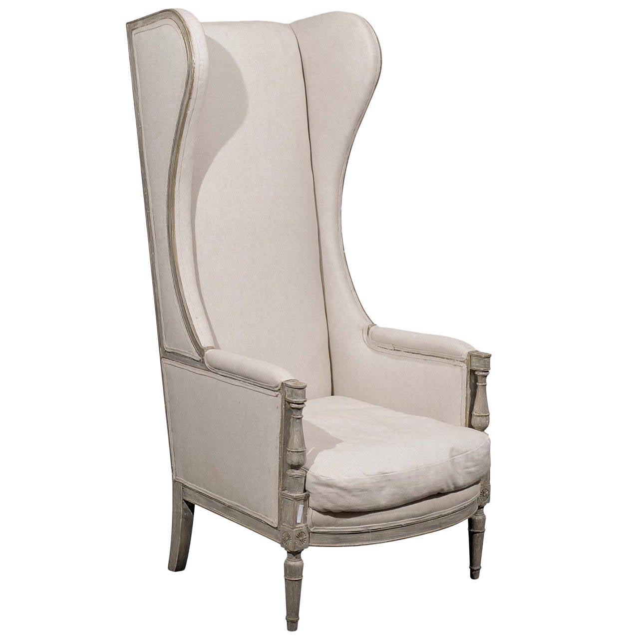 American Upholstered Painted Wood High Back Wing Chair at 1stDibs