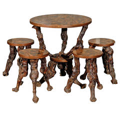 Vintage Set of European Grapevine Round Table and Four Accompanying Stools