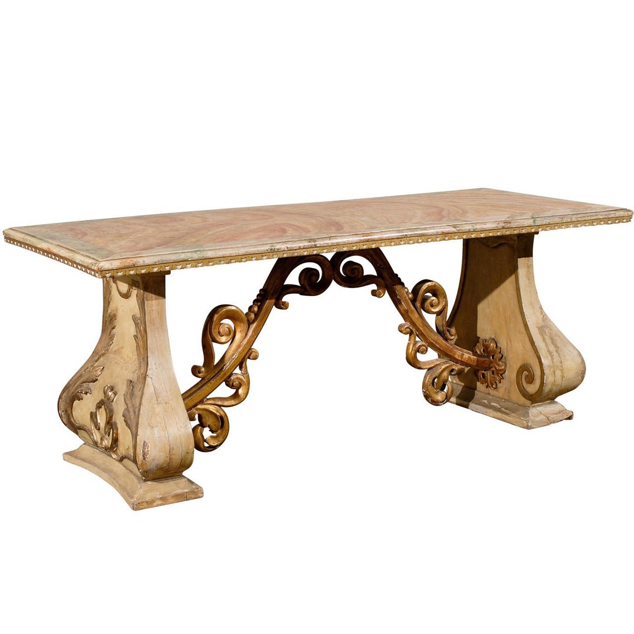 19th Century Italian Baroque Style Console Table with Faux Marble Top