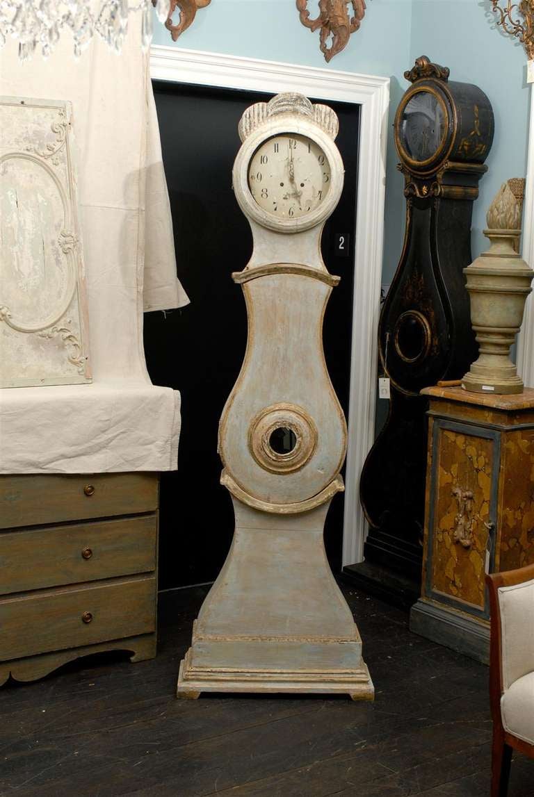 19th Century Wooden Swedish Grandfather Clock with Carved Crown