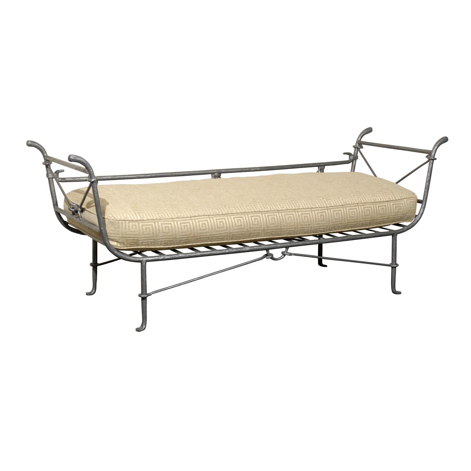 One of a Kind American Iron Daybed with Greek Key Cushion